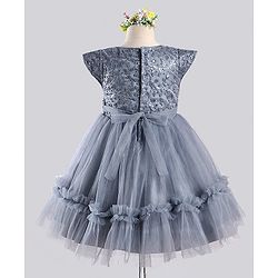 Babyhug Sleeveless Party Wear Frock With Floral Corsage and Sequin Embroidery - Grey