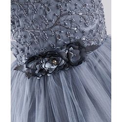 Babyhug Sleeveless Party Wear Frock With Floral Corsage and Sequin Embroidery - Grey