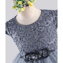 Babyhug Sleeveless Party Wear Frock With Floral Corsage and Sequin Embroidery - Grey