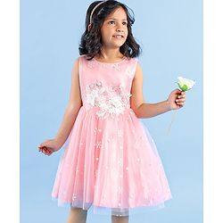 Babyhug Sleeveless Party Wear Frock with Floral Applique - Pink