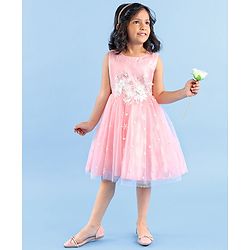 Babyhug Sleeveless Party Wear Frock with Floral Applique - Pink