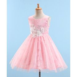 Babyhug Sleeveless Party Wear Frock with Floral Applique - Pink
