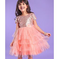 Babyhug Woven Half Sleeves Party Dress with Net & Sequin Embellished - Peach