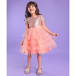 Babyhug Woven Half Sleeves Party Dress with Net & Sequin Embellished - Peach