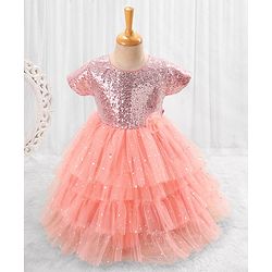Babyhug Woven Half Sleeves Party Dress with Net & Sequin Embellished - Peach