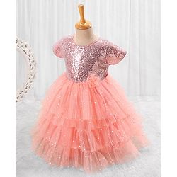 Babyhug Woven Half Sleeves Party Dress with Net & Sequin Embellished - Peach