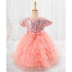 Babyhug Woven Half Sleeves Party Dress with Net & Sequin Embellished - Peach