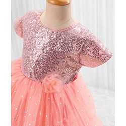 Babyhug Woven Half Sleeves Party Dress with Net & Sequin Embellished - Peach