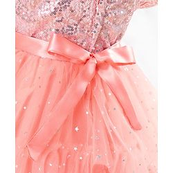 Babyhug Woven Half Sleeves Party Dress with Net & Sequin Embellished - Peach