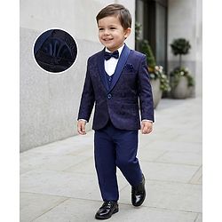 Babyhug Full Sleeves Brocade Party Suit With Blazer Floral Embroidery- Navy Blue