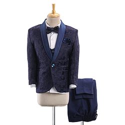 Babyhug Full Sleeves Brocade Party Suit With Blazer Floral Embroidery- Navy Blue