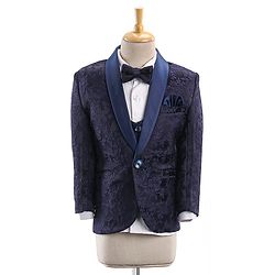 Babyhug Full Sleeves Brocade Party Suit With Blazer Floral Embroidery- Navy Blue