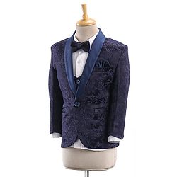 Babyhug Full Sleeves Brocade Party Suit With Blazer Floral Embroidery- Navy Blue