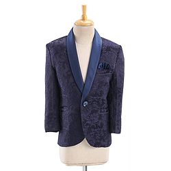 Babyhug Full Sleeves Brocade Party Suit With Blazer Floral Embroidery- Navy Blue