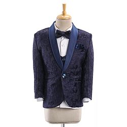 Babyhug Full Sleeves Brocade Party Suit With Blazer Floral Embroidery- Navy Blue