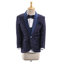 Babyhug Full Sleeves Brocade Party Suit With Blazer Floral Embroidery- Navy Blue