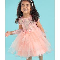Babyhug Woven Sleeveless Party Dress with Sequin Yoke & Bow Applique - Peach