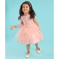 Babyhug Woven Sleeveless Party Dress with Sequin Yoke & Bow Applique - Peach