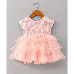Babyhug Woven Sleeveless Party Dress with Sequin Yoke & Bow Applique - Peach