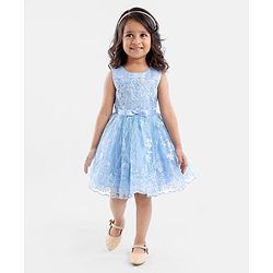 Babyhug Sleeveless Embroidered Party Frock with Bow - Blue
