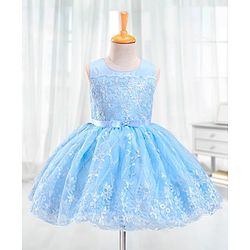 Babyhug Sleeveless Embroidered Party Frock with Bow - Blue