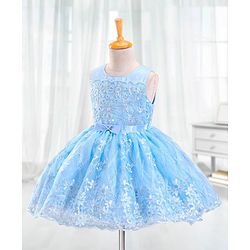 Babyhug Sleeveless Embroidered Party Frock with Bow - Blue