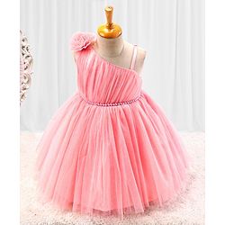 Babyhug Sleeveless Glitter & Pearl Embellished Woven Party Dress with Floral Corsage - Peach