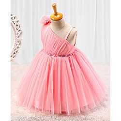 Babyhug Sleeveless Glitter & Pearl Embellished Woven Party Dress with Floral Corsage - Peach