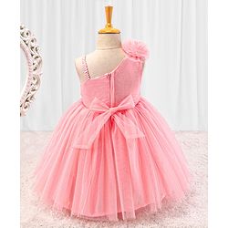 Babyhug Sleeveless Glitter & Pearl Embellished Woven Party Dress with Floral Corsage - Peach