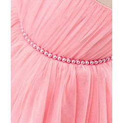 Babyhug Sleeveless Glitter & Pearl Embellished Woven Party Dress with Floral Corsage - Peach