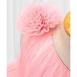 Babyhug Sleeveless Glitter & Pearl Embellished Woven Party Dress with Floral Corsage - Peach