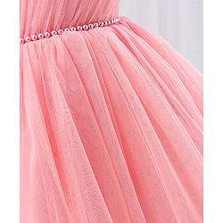 Babyhug Sleeveless Glitter & Pearl Embellished Woven Party Dress with Floral Corsage - Peach