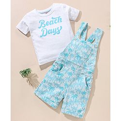 Babyhug 100% Cotton Dungaree and Half Sleeves T-Shirt Set Pine Tree Print - Blue White