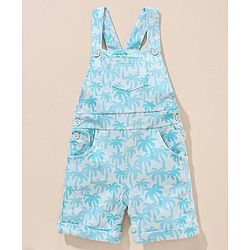 Babyhug 100% Cotton Dungaree and Half Sleeves T-Shirt Set Pine Tree Print - Blue White