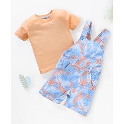 Babyhug 100% Cotton Half Sleeves T-shirt With Dungaree Leaves Print- Orange Multicolor