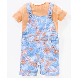 Babyhug 100% Cotton Half Sleeves T-shirt With Dungaree Leaves Print- Orange Multicolor