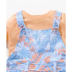 Babyhug 100% Cotton Half Sleeves T-shirt With Dungaree Leaves Print- Orange Multicolor