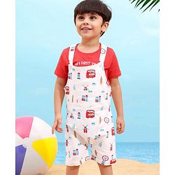Babyhug Cotton Half Sleeves Tee With Dungaree Bus Print- Red Multicolor