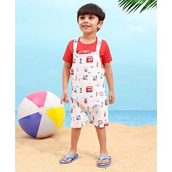 Babyhug Cotton Half Sleeves Tee With Dungaree Bus Print- Red Multicolor