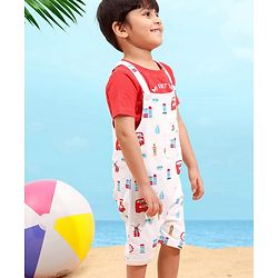 Babyhug Cotton Half Sleeves Tee With Dungaree Bus Print- Red Multicolor