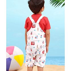 Babyhug Cotton Half Sleeves Tee With Dungaree Bus Print- Red Multicolor