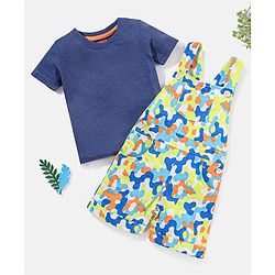 Babyhug 100% Cotton Camouflage Printed Dungaree and Half Sleeves Solid Color T-Shirt Set - Blue