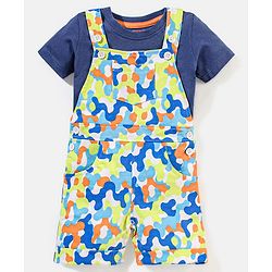 Babyhug 100% Cotton Camouflage Printed Dungaree and Half Sleeves Solid Color T-Shirt Set - Blue