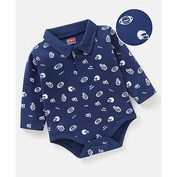 Babyhug 100% Cotton Full Sleeves Onesie Rugby Print - Navy Blue