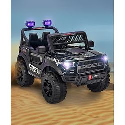 Babyhug Battery Operated Police Ride On Jeep With Lights and Music - Black| Forward & Reverse Drive| Wide Comfortable Seat| Rechargeable Battery| Remote Control| Pre-loaded Music with USB & AUX| Easy to Assemble| Openable Doors| Easy to Operate