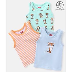 Babyhug 100% Cotton Antibacterial Sleeveless Vests Tiger Print Pack of 3 - Mint Blue & Orange