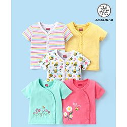 Babyhug 100% Cotton Antibacterial Half Sleeves Vests Bee Print Pack of 5 - Pink Blue & Yellow