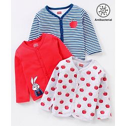 Babyhug 100% Cotton Antibacterial Full Sleeves Vests Stripes & Apple Print Pack of 3 - Grey Red & Blue