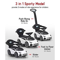 Babyhug 3 in 1 Manual Push Ride on Car with Parent Push Handle - White