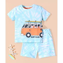 Babyhug Cotton Half Sleeves T-Shirt & Shorts Set Bus & Text Print- Blue